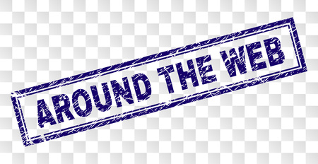 AROUND THE WEB stamp seal print with grunge style and double framed rectangle shape. Stamp is placed on a transparent background. Blue vector rubber print of AROUND THE WEB title with grunge texture.のイラスト素材