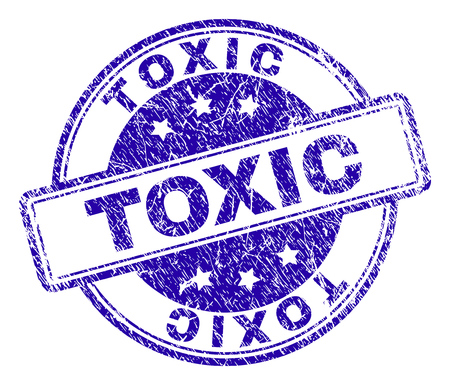 TOXIC stamp seal watermark with distress texture. Designed with rounded rectangles and circles. Blue vector rubber print of TOXIC title with dust texture.のイラスト素材