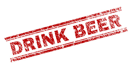 DRINK BEER seal print with grunge texture. Red vector rubber print of DRINK BEER title with unclean texture. Text title is placed between double parallel lines.のイラスト素材