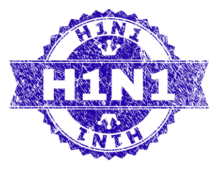 H1N1 rosette seal imprint with grunge texture. Designed with round rosette, ribbon and small crowns. Blue vector rubber watermark of H1N1 label with grunge style.のイラスト素材