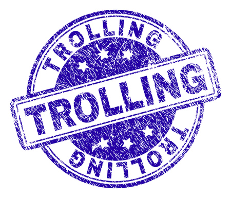TROLLING stamp seal imprint with grunge texture. Designed with rounded rectangles and circles. Blue vector rubber print of TROLLING title with dirty texture.のイラスト素材