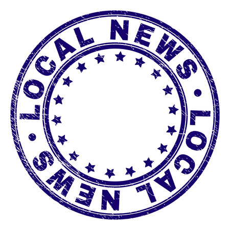 LOCAL NEWS stamp seal imprint with grunge texture. Designed with round shapes and stars. Blue vector rubber print of LOCAL NEWS title with grunge texture.のイラスト素材