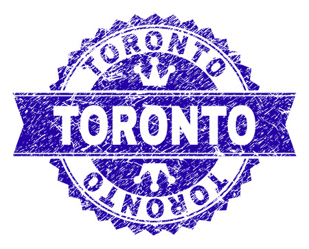 TORONTO rosette stamp watermark with grunge style. Designed with round rosette, ribbon and small crowns. Blue vector rubber watermark of TORONTO title with corroded style.のイラスト素材