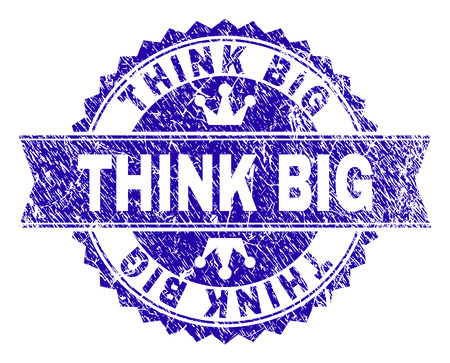 THINK BIG rosette stamp seal watermark with grunge style. Designed with round rosette, ribbon and small crowns. Blue vector rubber watermark of THINK BIG tag with scratched style.のイラスト素材