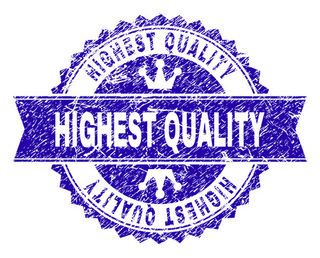 HIGHEST QUALITY rosette seal watermark with grunge effect. Designed with round rosette, ribbon and small crowns. Blue vector rubber watermark of HIGHEST QUALITY text with grunge texture.のイラスト素材
