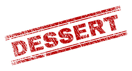 DESSERT seal watermark with grunge effect. Red vector rubber print of DESSERT caption with grunge texture. Text caption is placed between double parallel lines.のイラスト素材