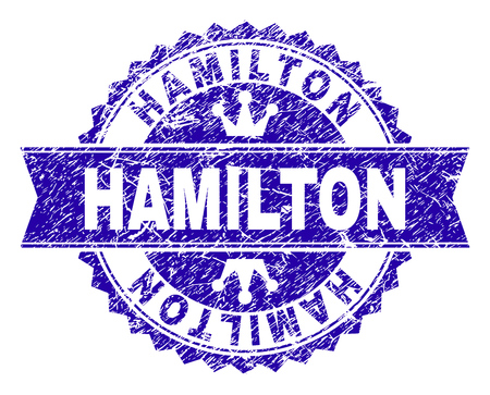HAMILTON rosette stamp seal watermark with distress style. Designed with round rosette, ribbon and small crowns. Blue vector rubber watermark of HAMILTON text with unclean style.のイラスト素材