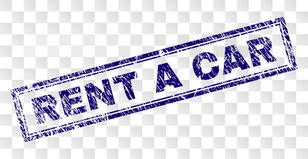 RENT A CAR stamp seal print with corroded style and double framed rectangle shape. Stamp is placed on a transparent background. Blue vector rubber print of RENT A CAR title with dirty texture.のイラスト素材