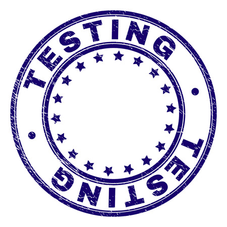 TESTING stamp seal imprint with distress texture. Designed with round shapes and stars. Blue vector rubber print of TESTING title with unclean texture.のイラスト素材
