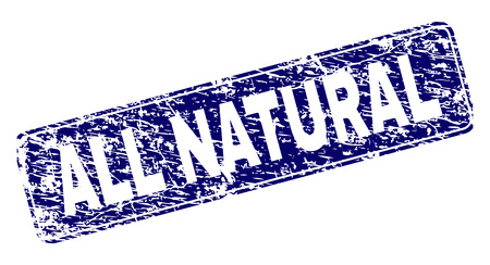 ALL NATURAL stamp seal print with grunge style. Seal shape is a rounded rectangle with frame. Blue vector rubber print of ALL NATURAL caption with grunge style.のイラスト素材