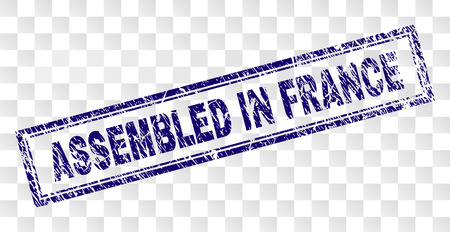 ASSEMBLED IN FRANCE stamp seal imprint with rubber print style and double framed rectangle shape. Stamp is placed on a transparent background.のイラスト素材
