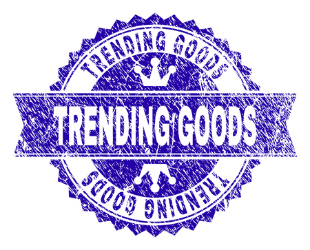 TRENDING GOODS rosette seal watermark with grunge style. Designed with round rosette, ribbon and small crowns. Blue vector rubber watermark of TRENDING GOODS text with unclean style.のイラスト素材