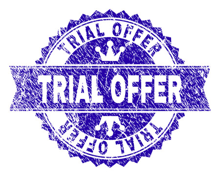 TRIAL OFFER rosette stamp imprint with grunge style. Designed with round rosette, ribbon and small crowns. Blue vector rubber print of TRIAL OFFER title with dirty style.のイラスト素材