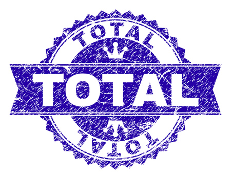 TOTAL rosette stamp watermark with grunge style. Designed with round rosette, ribbon and small crowns. Blue vector rubber print of TOTAL label with grunge style.のイラスト素材