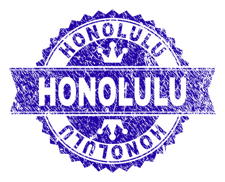 HONOLULU rosette seal watermark with grunge texture. Designed with round rosette, ribbon and small crowns. Blue vector rubber watermark of HONOLULU tag with dirty texture.のイラスト素材