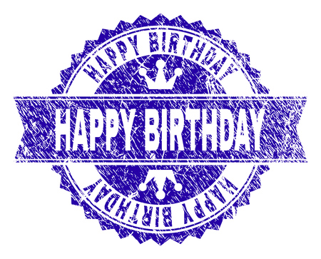 HAPPY BIRTHDAY rosette stamp seal watermark with grunge texture. Designed with round rosette, ribbon and small crowns. Blue vector rubber watermark of HAPPY BIRTHDAY label with scratched texture.のイラスト素材