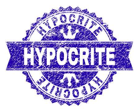 HYPOCRITE rosette seal watermark with grunge style. Designed with round rosette, ribbon and small crowns. Blue vector rubber watermark of HYPOCRITE tag with retro style.のイラスト素材