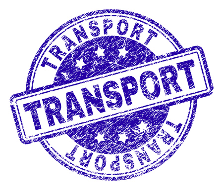 TRANSPORT stamp seal imprint with distress texture. Designed with rounded rectangles and circles. Blue vector rubber print of TRANSPORT caption with scratched texture.のイラスト素材