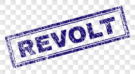 REVOLT stamp seal print with rubber print style and double framed rectangle shape. Stamp is placed on a transparent background. Blue vector rubber print of REVOLT caption with corroded texture.のイラスト素材