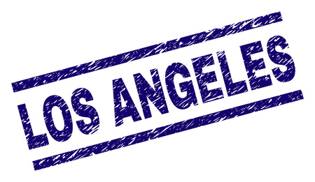 LOS ANGELES seal print with scratced style. Blue vector rubber print of LOS ANGELES title with grunge texture. Text title is placed between parallel lines.のイラスト素材
