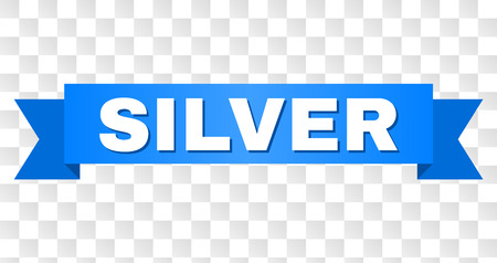 SILVER text on a ribbon. Designed with white title and blue stripe. Vector banner with SILVER tag on a transparent background.のイラスト素材