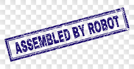 ASSEMBLED BY ROBOT stamp seal watermark with rubber print style and double framed rectangle shape. Stamp is placed on a transparent background.のイラスト素材