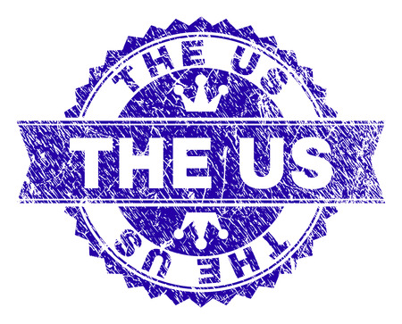 THE US rosette stamp seal watermark with distress style. Designed with round rosette, ribbon and small crowns. Blue vector rubber watermark of THE US tag with retro style.のイラスト素材