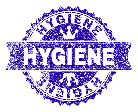 HYGIENE rosette seal watermark with grunge texture. Designed with round rosette, ribbon and small crowns. Blue vector rubber watermark of HYGIENE label with scratched texture.のイラスト素材