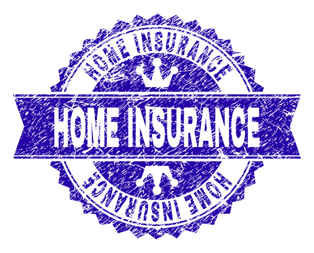 HOME INSURANCE rosette stamp watermark with grunge style. Designed with round rosette, ribbon and small crowns. Blue vector rubber watermark of HOME INSURANCE title with corroded style.のイラスト素材