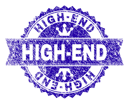 HIGH-END rosette stamp seal watermark with grunge effect. Designed with round rosette, ribbon and small crowns. Blue vector rubber watermark of HIGH-END title with unclean style.のイラスト素材