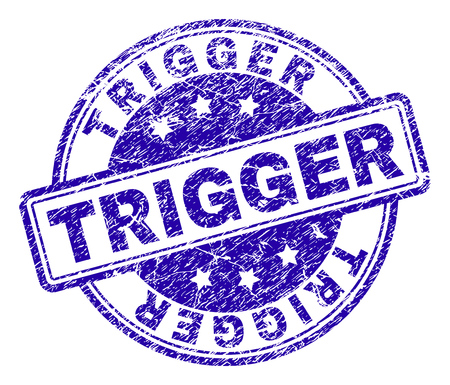 TRIGGER stamp seal imprint with grunge texture. Designed with rounded rectangles and circles. Blue vector rubber print of TRIGGER tag with dust texture.のイラスト素材