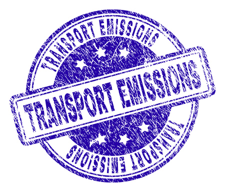 TRANSPORT EMISSIONS stamp seal watermark with distress texture. Designed with rounded rectangles and circles. Blue vector rubber print of TRANSPORT EMISSIONS title with corroded texture.のイラスト素材