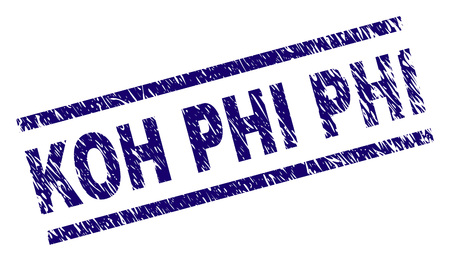 KOH PHI seal stamp with grunge style. Blue vector rubber print of KOH PHI label with grunge texture. Text label is placed between parallel lines.のイラスト素材