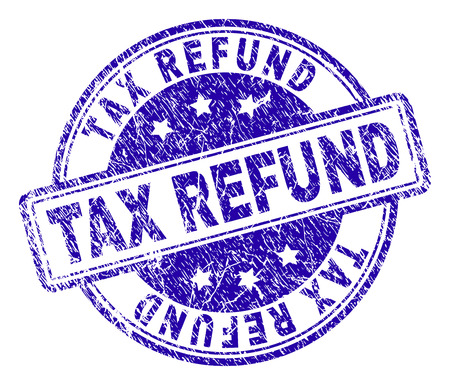 TAX REFUND stamp seal watermark with distress texture. Designed with rounded rectangles and circles. Blue vector rubber print of TAX REFUND text with dust texture.のイラスト素材