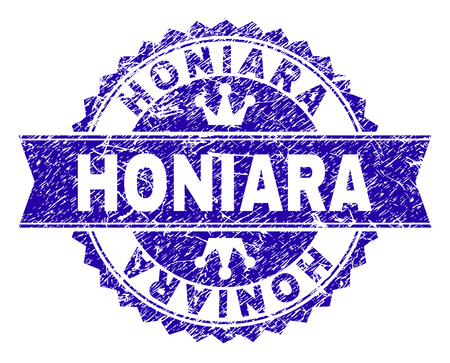 HONIARA rosette stamp overlay with distress texture. Designed with round rosette, ribbon and small crowns. Blue vector rubber print of HONIARA title with scratched texture.のイラスト素材