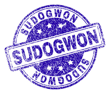 SUDOGWON stamp seal imprint with distress texture. Designed with rounded rectangles and circles. Blue vector rubber print of SUDOGWON title with dirty texture.のイラスト素材