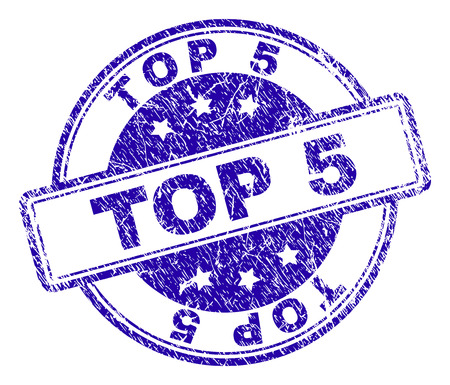 TOP 5 stamp seal imprint with distress texture. Designed with rounded rectangles and circles. Blue vector rubber print of TOP 5 text with scratched texture.のイラスト素材