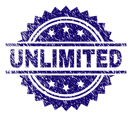 UNLIMITED stamp seal watermark with distress style. Blue vector rubber print of UNLIMITED caption with grunge texture.のイラスト素材