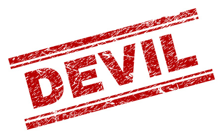 DEVIL seal watermark with grunge texture. Red vector rubber print of DEVIL tag with corroded texture. Text tag is placed between double parallel lines.のイラスト素材