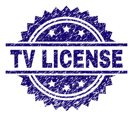 TV LICENSE stamp seal watermark with distress style. Blue vector rubber print of TV LICENSE title with scratched texture.のイラスト素材