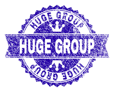 HUGE GROUP rosette stamp imprint with grunge style. Designed with round rosette, ribbon and small crowns. Blue vector rubber print of HUGE GROUP caption with grunge style.のイラスト素材