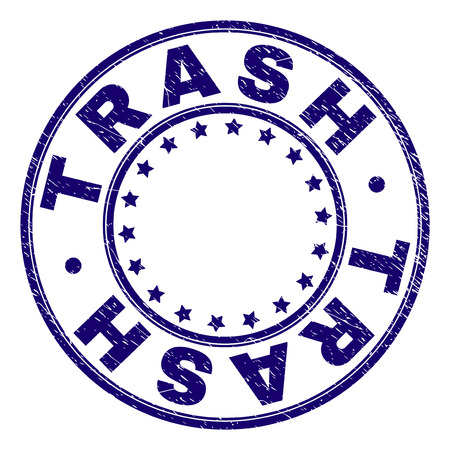 TRASH stamp seal imprint with grunge texture. Designed with circles and stars. Blue vector rubber print of TRASH caption with grunge texture.のイラスト素材