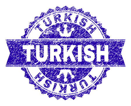 TURKISH rosette stamp watermark with grunge texture. Designed with round rosette, ribbon and small crowns. Blue vector rubber watermark of TURKISH label with grunge texture.のイラスト素材