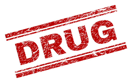 DRUG seal watermark with corroded texture. Red vector rubber print of DRUG title with corroded texture. Text title is placed between double parallel lines.のイラスト素材
