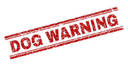 DOG WARNING seal print with corroded texture. Red vector rubber print of DOG WARNING title with retro texture. Text label is placed between double parallel lines.のイラスト素材