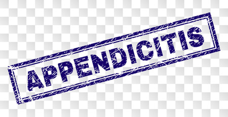 APPENDICITIS stamp seal print with rubber print style and double framed rectangle shape. Stamp is placed on a transparent background.のイラスト素材