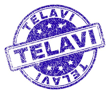 TELAVI stamp seal imprint with grunge style. Designed with rounded rectangles and circles. Blue vector rubber print of TELAVI text with grunge texture.のイラスト素材