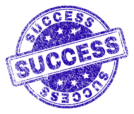SUCCESS stamp seal imprint with distress texture. Designed with rounded rectangles and circles. Blue vector rubber print of SUCCESS tag with dirty texture.のイラスト素材