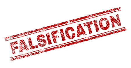 FALSIFICATION seal print with corroded texture. Red vector rubber print of FALSIFICATION caption with retro texture. Text caption is placed between double parallel lines.