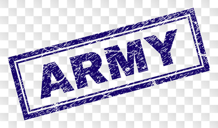 ARMY stamp seal watermark with rubber print style and double framed rectangle shape. Stamp is placed on a transparent background. Blue vector rubber print of ARMY caption with retro texture.のイラスト素材